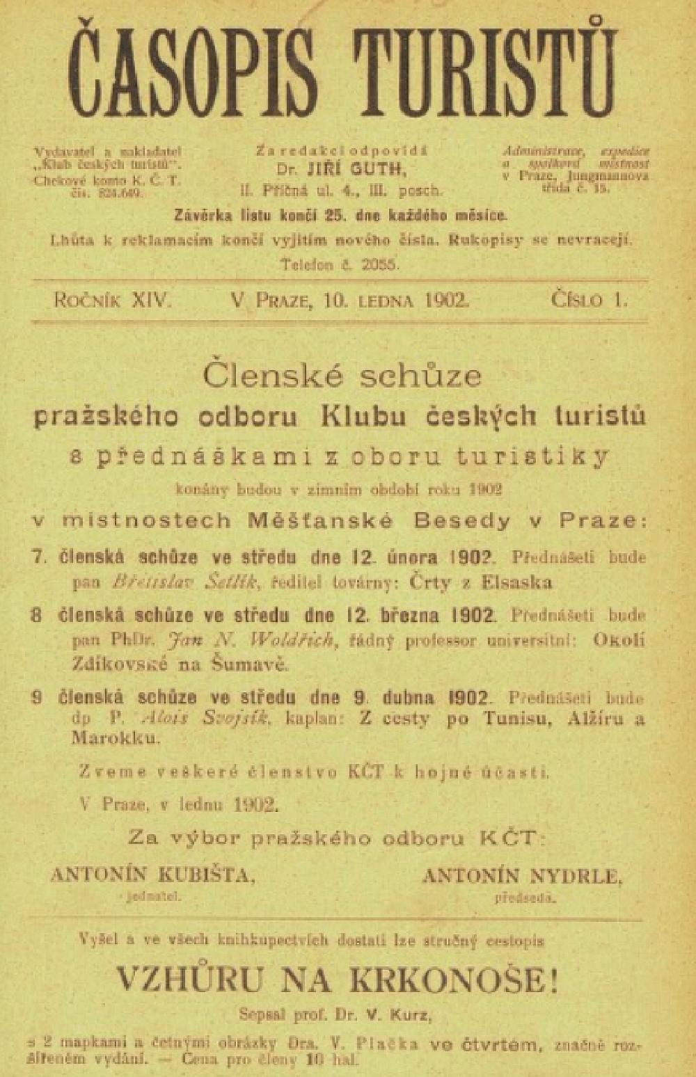 1902: Anton�n Nydrle, p�edseda pra�sk�ho odboru K�T na tituln� stran� �as. turist�