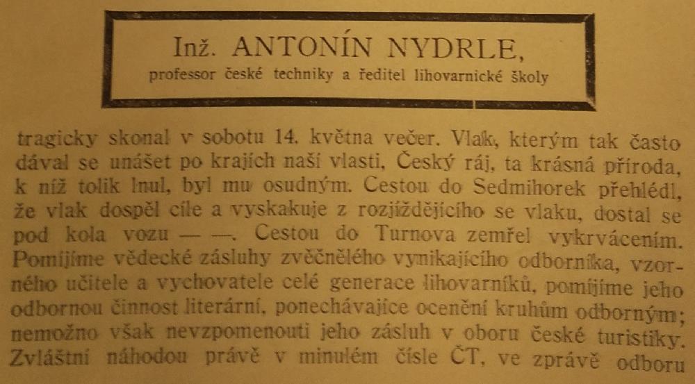 �asopis turist� ro�n�k 1921, str.183  smrt A. Nydrle,1.��st �l�nku