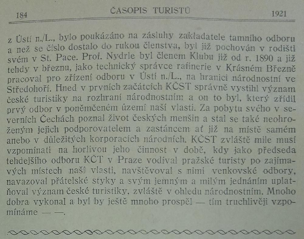�asopis turist� ro�n�k 1921 pokra�ov�n� zpr�vy o smrti A. Nydrle