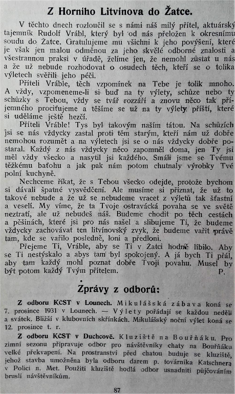 Turistick� obzor roku 1931 zachytil odchod turisty Rudolfa Vr�bla do �atce.