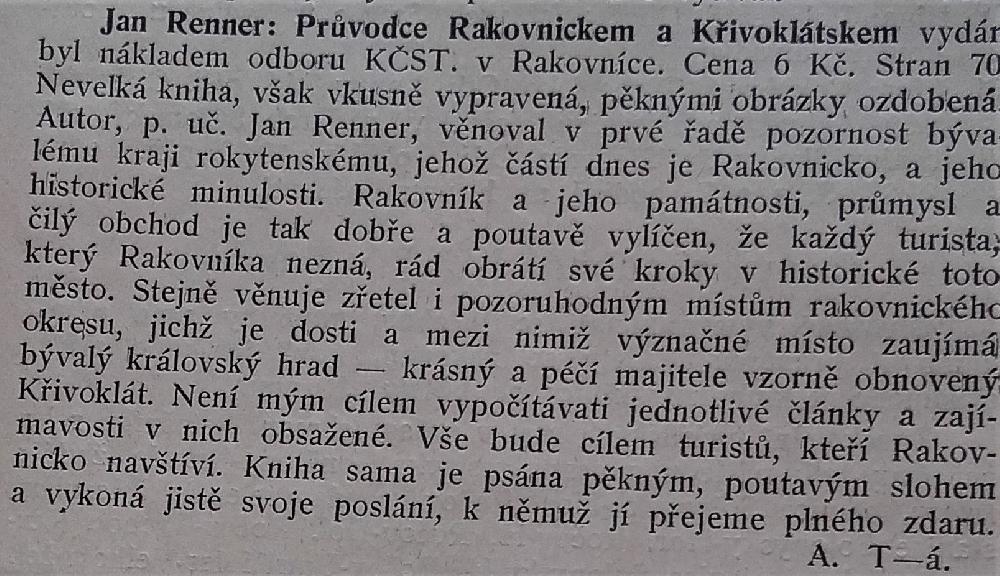 Turistick� obzor 1926 propagoval Renner�v Pr�vodce.