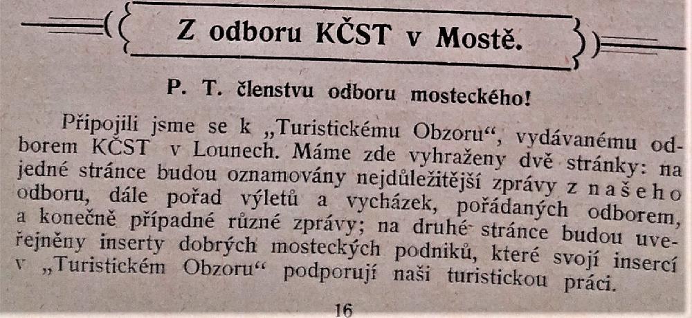 Pipojen KST Most k Turistickmu obzoru v .1 str.16 rok 1927