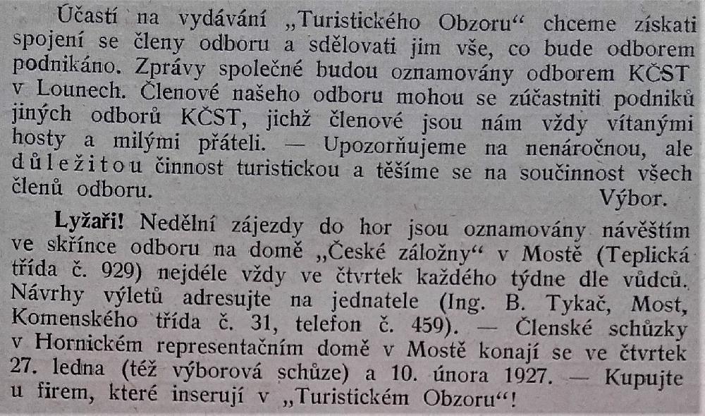 K�ST Most. propaguje Kupujte u firem, kter� inzeruj� v Turistick�m obzoru! �.1 str.17 rok 1927.