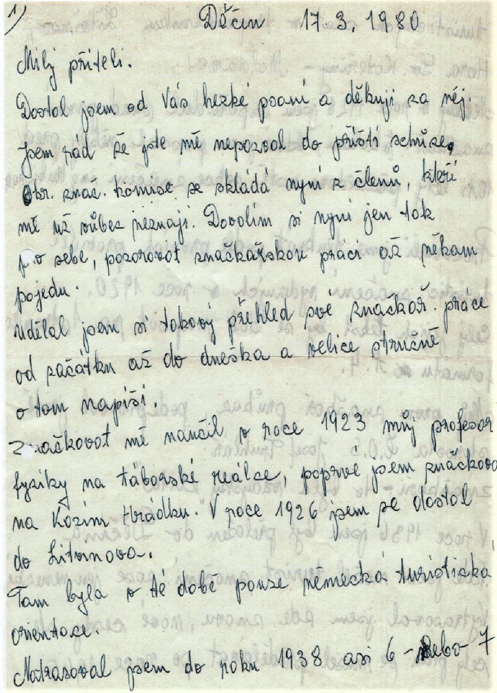 Josef Pa��zek p�e 17.3.1980 komisi zna�en� Svazu turistiky S� kraje. 1. strana