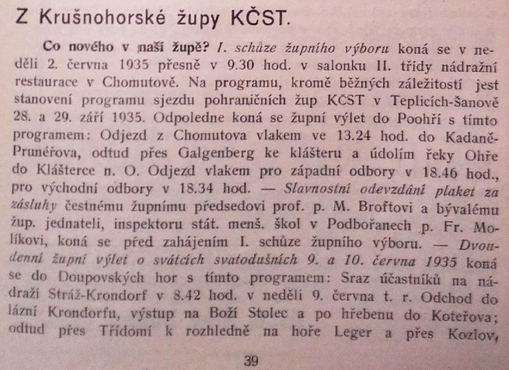 Z Kru�nohorsk� �upy prof. Broft jmenov�n �estn�m p�edsedou. Turistick� obzor 1935 �.5 Str.39