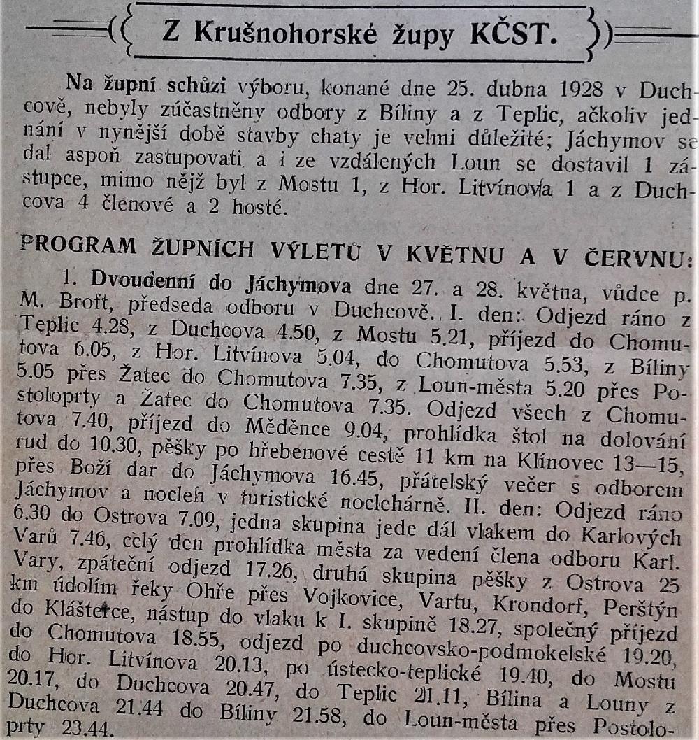 Turistick� obzor oznamuje �upn� v�let do J�chymova 27. a 28. 5. 1928. Vede M. Broft.
