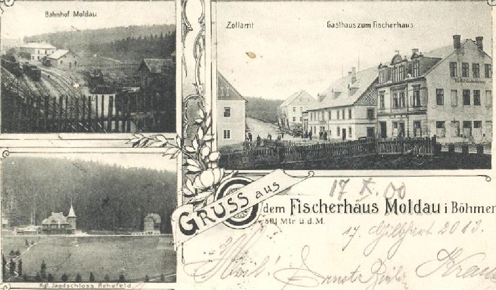 Moldava na skupinov� pohlednici odeslan� r. 1900. Dole vlevo loveck� z�me�ek v Rehefeldu.