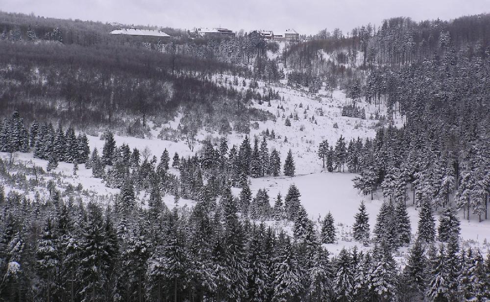 Moldavsk� n�dra�� na konci doliny fotografovan� z Kru�nohorsk� magistr�ly v �noru 2004.