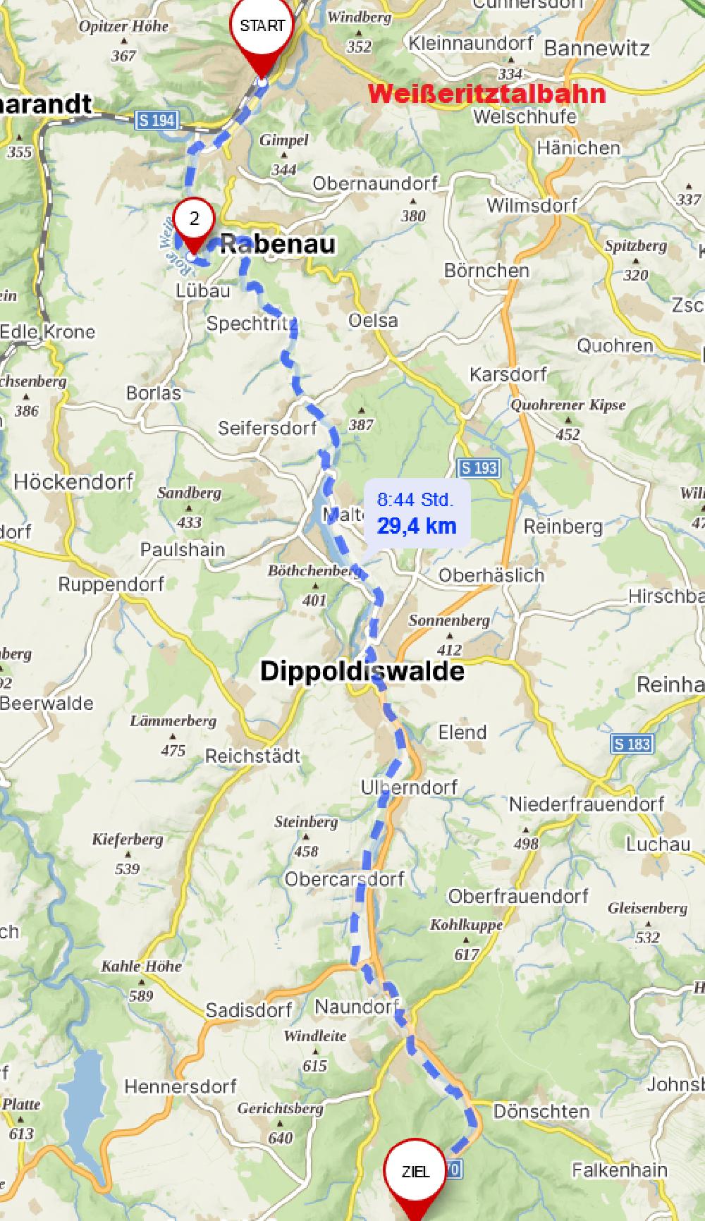 Mapa trasy �eleznice Wei�eritz - Sasko