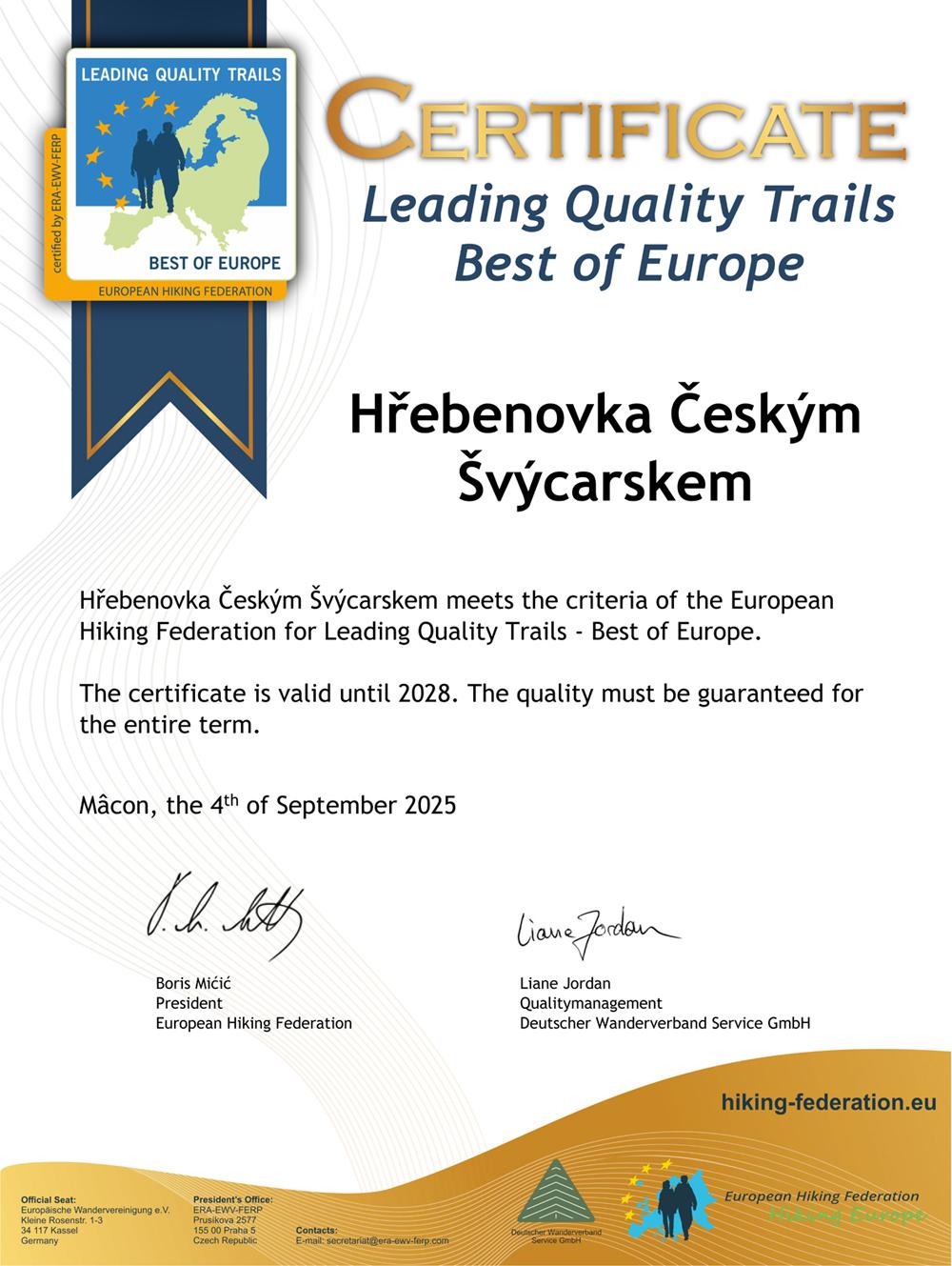 Certifik�t Leading Quality Trails Best of Europe (Nejkvalitn�j�� evropsk� stezky).