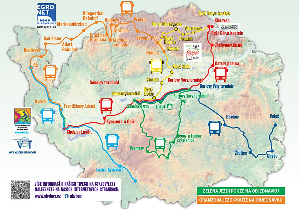Mapka tras cyklobus� Karlovarsk�ho kraje pro sez�nu 2024.